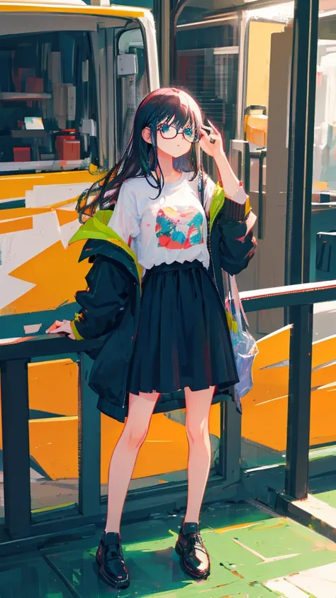 Girl with long black hair wearing black clothes and glasses