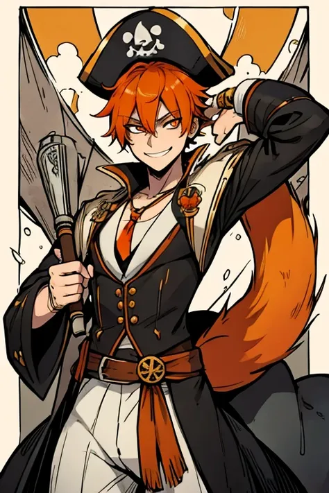 An orange haired fox man with orange eyes and orange fox ears and an orange fox tail in a pirates outfit is  holding a spyglass with a big smile