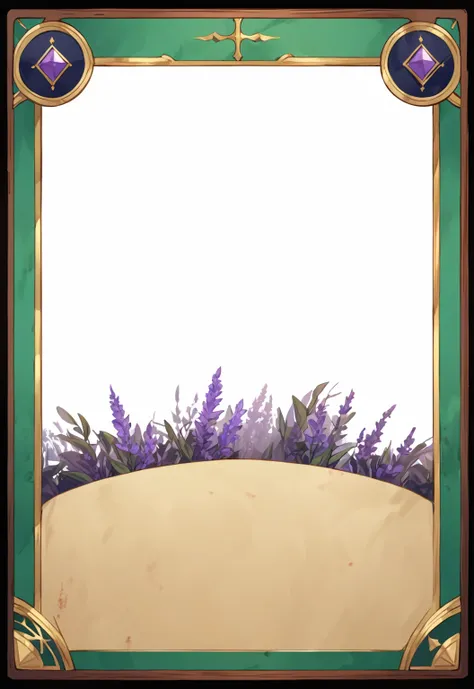 A card border UI，Medieval European aristocracy design，Noble and elegant dark style，There is a lavender ribbon in the middle，Redwood frame，Parchment backing，There are blood stains on it。Deep Red、Emerald Green、Gold main tone。