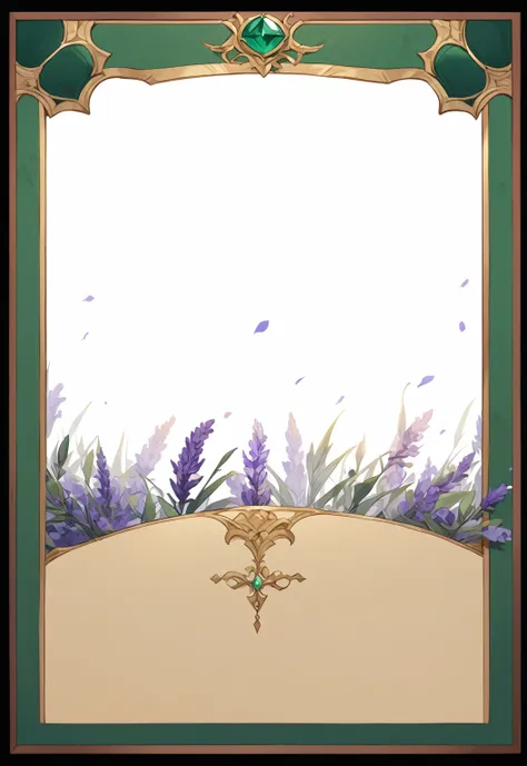 A card border UI，Medieval European aristocracy design，Noble and elegant dark style，There is a lavender ribbon in the middle，Redwood frame，Parchment backing，There are blood stains on it。Deep Red、Emerald Green、Gold main tone。