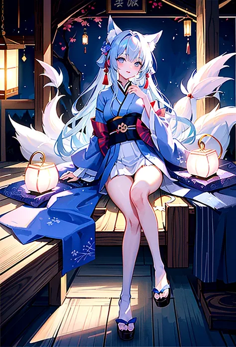 fox Light blue hair 　beast girl　indigo fur　fox beast girl　Wallpaper 4k,8k,highly detailled,,vivid colors,detailed kitsune with 9 tails,traditional Japanese artwork,tatami floor,beautiful cherry blossoms,floating lanterns,dark silhouette of a pagoda,subtle ...