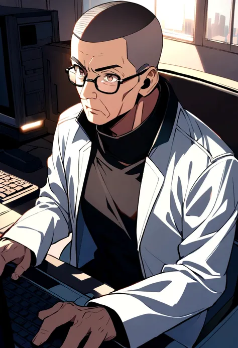 60 year old man with crew cut, brown eyes, black glasses, black high collar long sleeve shirt, white jacket, work in computer