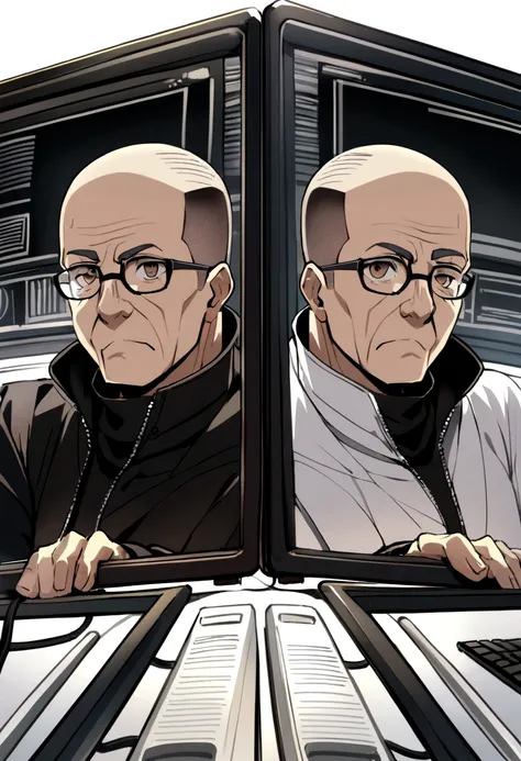 60 year old man with crew cut, brown eyes, black glasses, black high collar long sleeve shirt, white jacket, work in computer