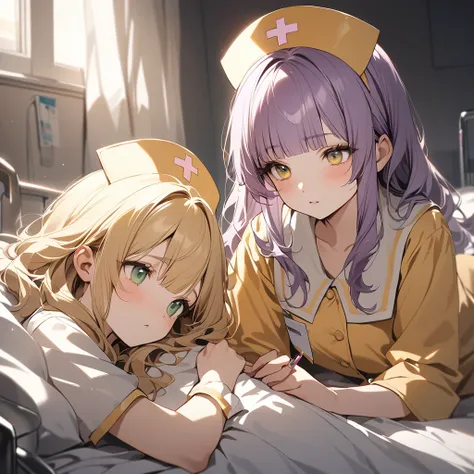 (Cute 2 girls:1.5), (masterpiece:1.3), anime visual, (one Girl lying in hospital bed, pale purple hair, blunt bangs, green eyes,pajamas,:1.3 ), (other girl: Nurse hat with yellow cat ears, yellow nurse uniform, short blonde hair, golden eyes, holding a big...