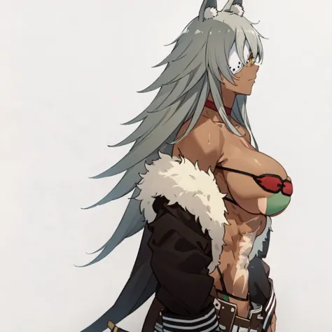 gray hair, gray long hair, ((yellow eyes)), eye patch, (((muscular))), big breasts, happy, (tanned skin), ((black clothes)), sexy, Ghislaine Dedoldia of Mushoku Tensei, fur-trimmed jacket, green pants, open fly, open belt, bikini top only, red choker, cat ...