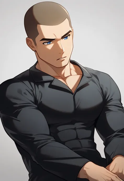 1boy, male focus, sitting on the bed, sidepec, muscular male, muscular, bara, defined abs, upper body, solo, huddled pose, looking down, serious, very short hair, buzzcut, stubble, light brown hair, clear blue eyes, slepping, parted lips, open black plain ...