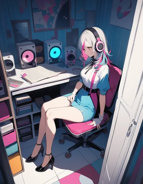 One girl,I write the lyrics, Multicolored Hair, Shoulder-length hair, Retro costumes, High heels, Sideways glance, Sitting, Hyper Pop, Stylish room,　Headphones、 Retro feel, overview, masterpiece, Highest quality,