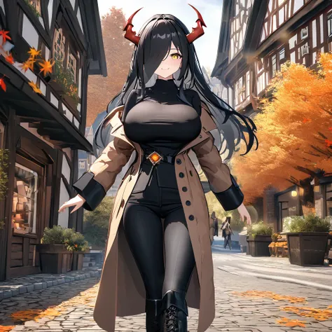 A woman wearing a long camel womens coat, black shirt, tight black pants, black leather boots, black hair, long hair, bangs covering one eye, yellow eyes, big breast,vision close to the face, smiling, mature woman, red horn, walking on a sidewalk in a trad...