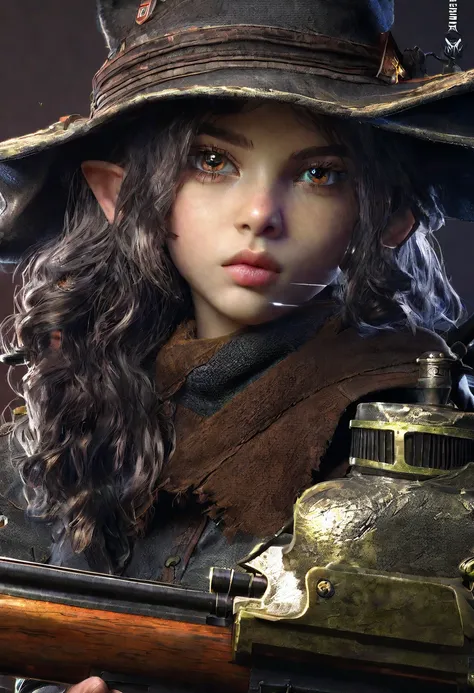 1 girl, goblin, beautiful detailed eyes, beautiful detailed lips, extremely detailed eyes and face, long eyelashes, western outfit, magic sniper rifle, 8k, highres, masterpiece, ultra-detailed, realistic, photorealistic, HDR, studio lighting, sharp focus, ...