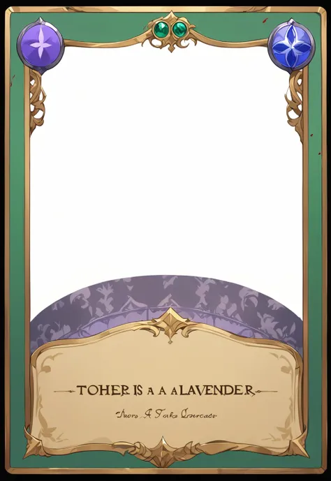 A card border UI，Medieval European aristocracy design，Noble and elegant dark style，There is a lavender ribbon in the middle with the card name.，Redwood frame，Parchment backing，There are blood stains on it。Deep Red、Emerald Green、Gold main tone。