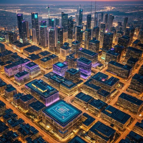 Imagine a panoramic view of the Utopian Crypto City at dusk. The sky is a gradient of orange and purple hues, reflecting off the glass facades of towering skyscrapers. Neon signs flicker with Bitcoin symbols, and drones zip by, projecting advertisements fo...