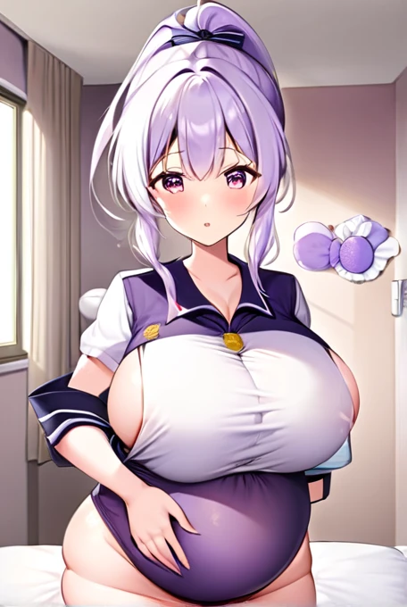 Pregnant women,Pregnant belly,Multiple births,uniform,Big Breasts,Purple and white hair,Hair Gradient,ponytail