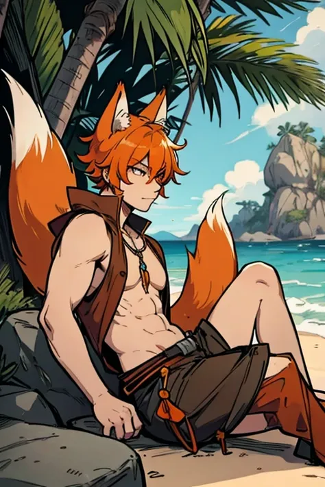 An orange haired fox man with orange eyes and orange fox ears and an orange fox tail in a pirates outfit is sitting on a rock on a tropical beach