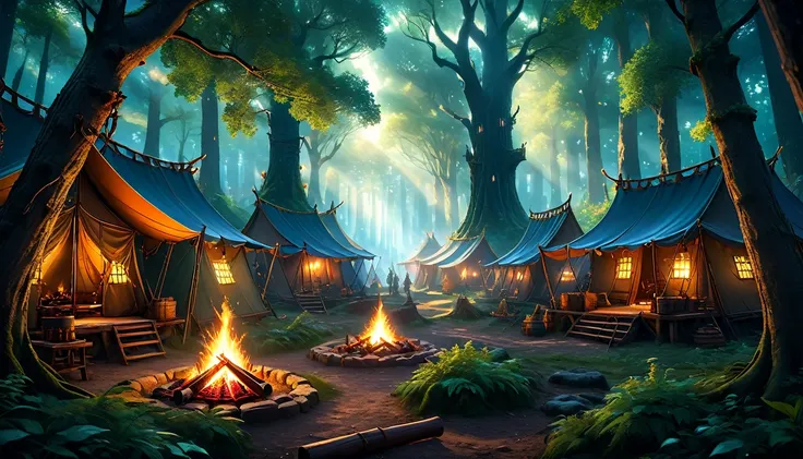 (extremely detailed CG unity 8k wallpaper,masterpiece, best quality, ultra-detailed), (anime, fantasy), (best quality, high resolution, depth of filed, HDR:1.2), (an army camp in the ancient forest, siege, medieval, camp, soldiers, swords and bows, campfir...