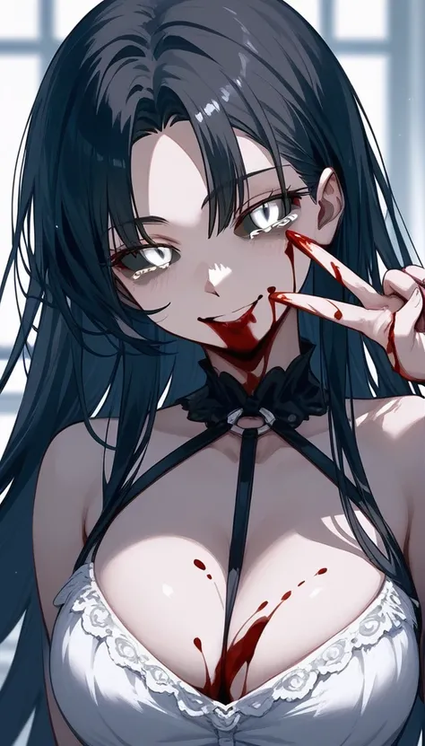 masterpiece, zoom out, score_9, score_8_up, score_7_up, portrait, 1 girl, alone, black hair, long hair, long parted bangs, white eyes, black sclera, (blood tears, small smile), evil, parted lips, expressionless, big breasts, upper body, V-neck strap basic ...