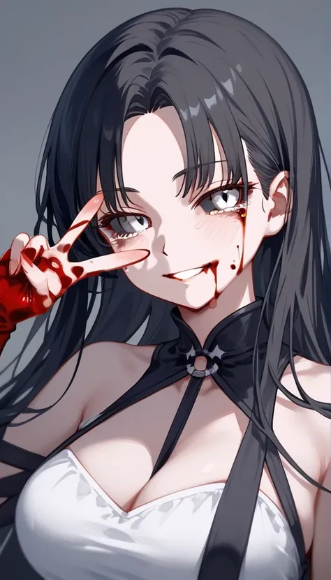 masterpiece, zoom out, score_9, score_8_up, score_7_up, portrait, 1 girl, alone, black hair, long hair, long parted bangs, white eyes, black sclera, (blood tears, small smile), evil, parted lips, expressionless, big breasts, upper body, V-neck strap basic ...