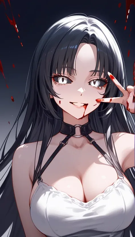 masterpiece, zoom out, score_9, score_8_up, score_7_up, portrait, 1 girl, alone, black hair, long hair, long parted bangs, white eyes, black sclera, (blood tears, small smile), evil, parted lips, expressionless, big breasts, upper body, V-neck strap basic ...