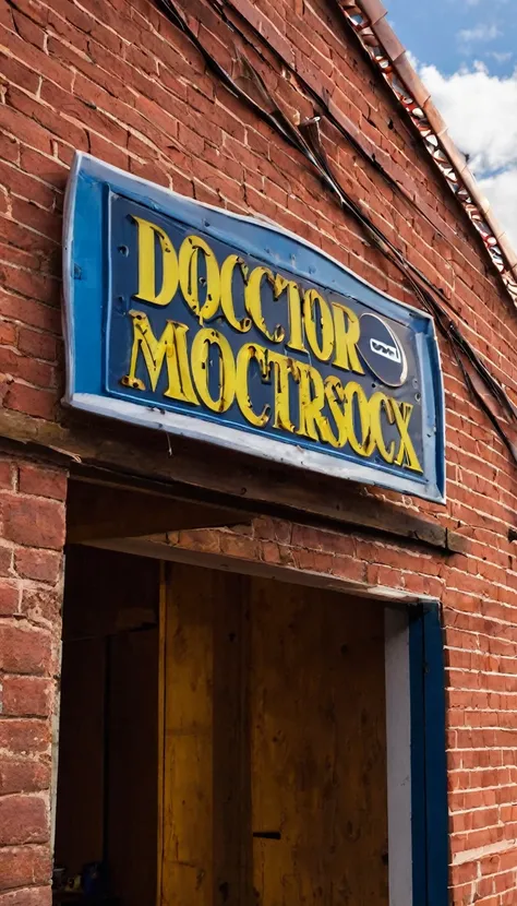 Show the bright sign of "Doctor Motocross" above the workshop entrance, while you hear the noise of engines in the background.