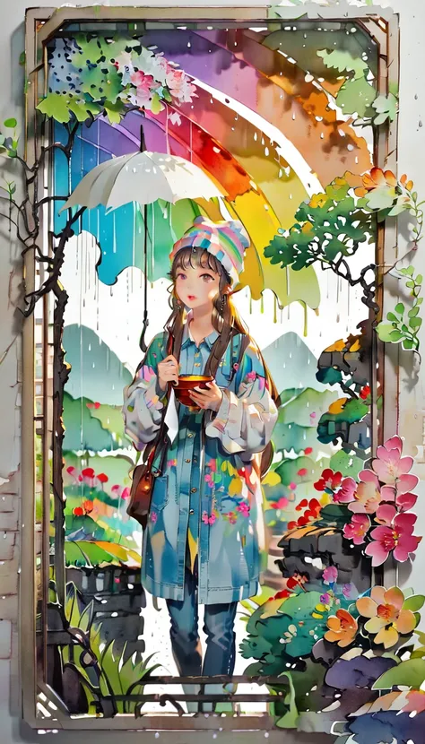 (((paper cutting style))), (frame of illustration is 3D paper cutting: 1.2), (colorful), 1 girl, brown long hair, curry long hair, knit cap, denim, shirts, rainbow, rain, unclear