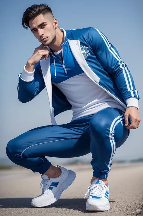 Make a 27 year old man in a blue sports jacket, blue sports pants, white sports sneakers with blue details, russet hair, white fur and muscular physique. Character of Brazilian origin.