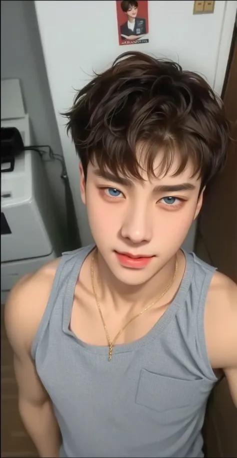 fit man with striped shirt and cell phone, Jungkook, adorable and pale korean face, taejune kim, Jinyoung Shin, Kim Doyoung, giga chad crying, jung jaehyun, hyung tae, who is siwoo, beautiful  face, ironic smile, he has short, curly brown hair, Shin Jeongh...