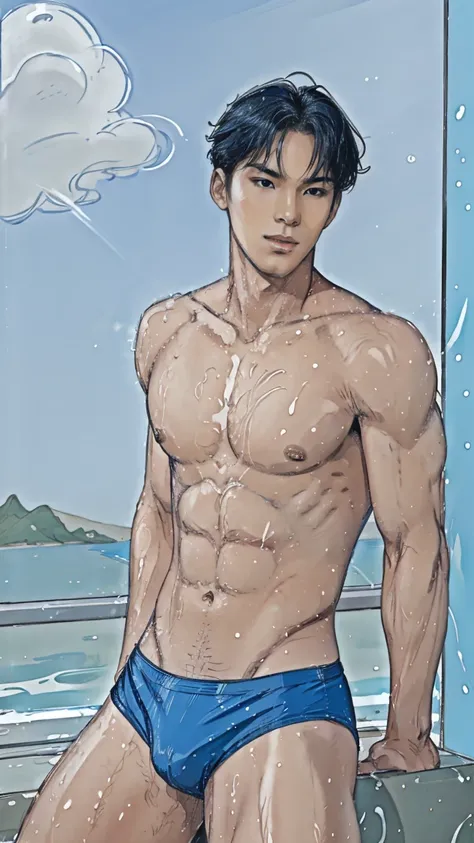 Handsome, tall, Korean man, pecs, slim legs, sexy blue pastle underwear brief bikini, gorgeous, Wolf curtain hairstyle, Wet Body, bulge, Prone back pose, Prone in a ground, Showercore, Comic Artstyle 2D