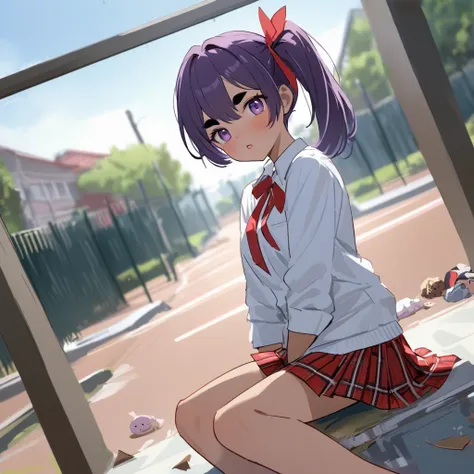 work of art, best qualityer, extremely detaild,dutch angle, アニメ,Suéter schoolyardr grande、plaid plaid skirt,skin tanned,15year old ,dark skin tiny body,smallbreast,baby face,hand between legs,break,multicolored dark purple hair,side ponytail,short hair wit...