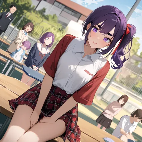 work of art, best qualityer, extremely detaild,dutch angle, アニメ,Suéter schoolyardr grande、plaid plaid skirt,skin tanned,15year old ,dark skin tiny body,smallbreast,baby face,hand between legs,break,multicolored dark purple hair,side ponytail,short hair wit...