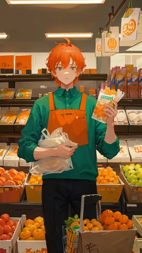 Man with orange hair being a grocery store cashier