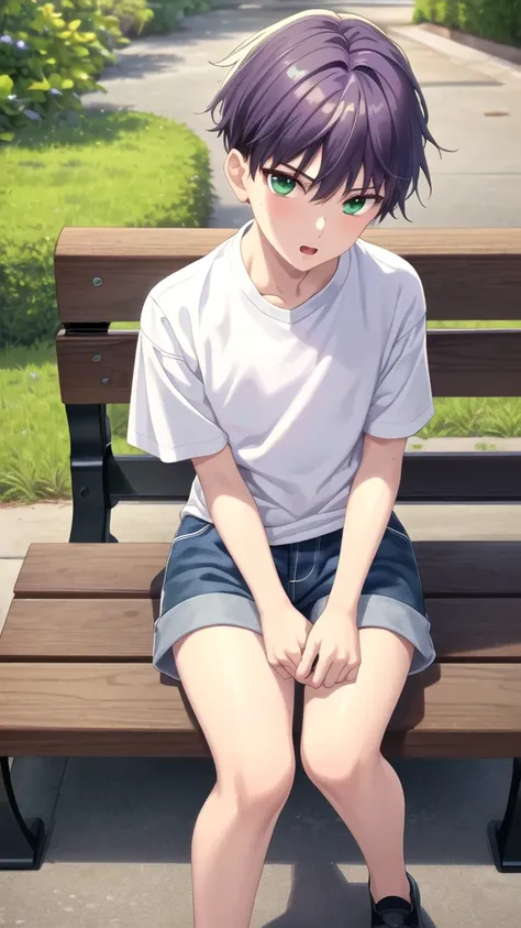 masterpiece, best quality, high quality, 1boy, solo, 14-year-old boy,evil boy,male focus, looking at viewer , purple hair, old-school swoop haircut,white shirt with short sleeves,blue jean shorts, green eyes, sitting on a bench 