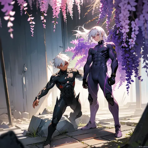 1male, young adult, dark skin, finely detailed plum eyes, wild medium hair, seashell white hair color, full body combat suit, standing on ruined building, day time, tokyo streets, somber expression, muscular, tattoos, wisteria flowers, scars