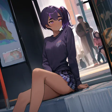 work of art, best qualityer, extremely detaild,dutch angle, アニメ,Large school sweater、plaid plaid skirt,skin tanned,15year old ,dark skin tiny body,smallbreast,baby face,hand between legs,break,multicolored dark purple hair,side ponytail,short hair with lon...