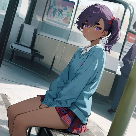 work of art, best qualityer, extremely detaild,dutch angle, アニメ,Large school sweater、plaid plaid skirt,skin tanned,15year old ,dark skin tiny body,smallbreast,baby face,hand between legs,break,multicolored dark purple hair,side ponytail,short hair with lon...