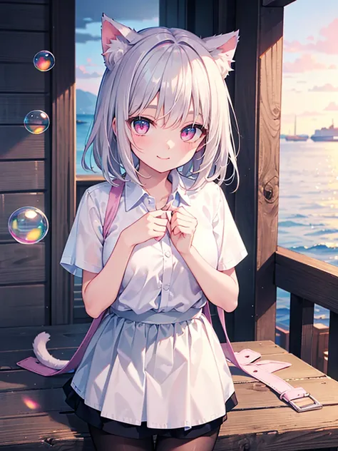 masterpiece,highest quality,Highly detailed face,fine grain,Waterfront,Bubble,Sparkling eyes,Highlighted eyes,Medium chest,pretty girl,smile,Cat ear,Beautiful silver hair,Pink inside,Beautiful pink eyes,Oversized shirt、skirt、black tights
