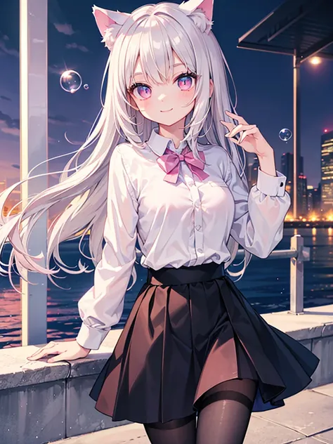 masterpiece,highest quality,Highly detailed face,fine grain,Waterfront,Bubble,Sparkling eyes,Highlighted eyes,Medium chest,pretty girl,smile,Cat ear,Beautiful silver hair,Pink inside,Beautiful pink eyes,Oversized shirt、skirt、black tights
