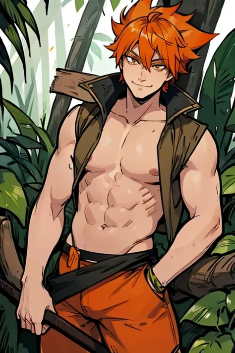 An orange haired fox man with orange eyes and orange fox ears and an orange fox tail in a pirates outfit is cutting down vegetation in a  tropical jungle  with a machete with a big smile