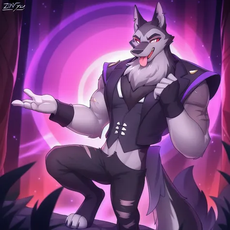 by zinfyu, detailed background, vortex \(helluva boss\), hellhound, grey body, grey fur, red sclera, white eyes, vortexgoetia, m...