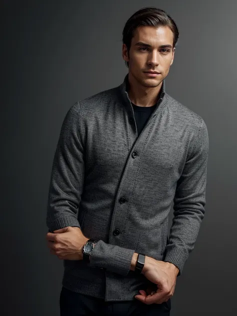 A sophisticated man, wearing a slim-fit grey jacket over a dark sweater, and a luxury wristwatch. He is positioned against a minimalist background with a soft gradient, providing ample space for text. His posture is relaxed but confident, with one hand tou...