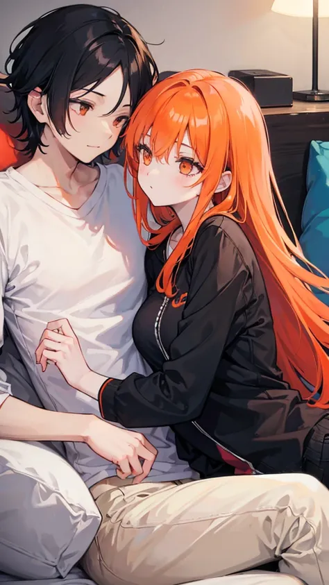 Boy with orange hair sleeping with a girl with long black hair