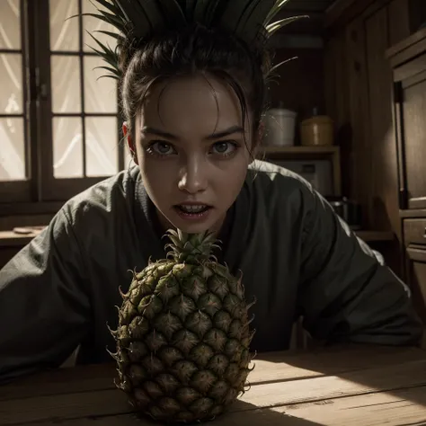 A terrifying pineapple with human eyes, sharp teeth, malevolent gaze, on a kitchen table, photorealistic, highly detailed, dark horror atmosphere, dramatic lighting, chiaroscuro effect