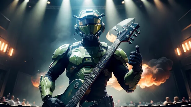 ((High Definition)) Striking, high-definition image features an intricately crafted artistic rendering of the Halo game character, Master Chief, in a dramatic concert setting. Positioned center stage, he holds a guitar with a determined gaze, embodying the...