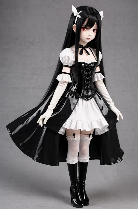 Chibi plush of a girl, Red eyes, long black hair covering some parts of his face, pale skin, red blush, serious face, knee-length white medieval dress and black corset, long transparent black denim gloves long white stockings with horizontal black stripes,...