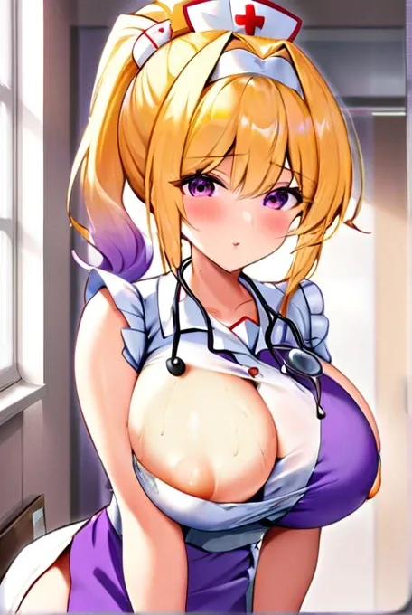 nurse,Big Breasts,Rub your own breasts,Purple and white hair,Hair Gradient,ponytail