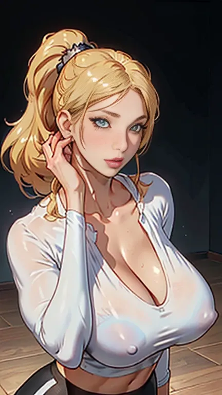 Big breasts, shes a Milf ((busty beautiful tanned, 35 years old)), ((natural punk style straight blonde hair, voluminous side bangs, ponytail)), visible doubles, light eyes, detailed eyes, hyper detailed, effect with clear eyes, planned irises, with incred...