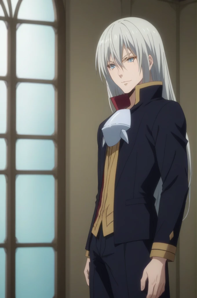 score_9, score_8_up, score_7_up, source_anime, rating_safe, intricate details, anime screencap, , , looking at viewer, , 1boy, solo, male focus, leon_cromwell, silver hair, silver eyes, long hair, hair between eyes, wide angle, wide shot, cowboy shot, dini...