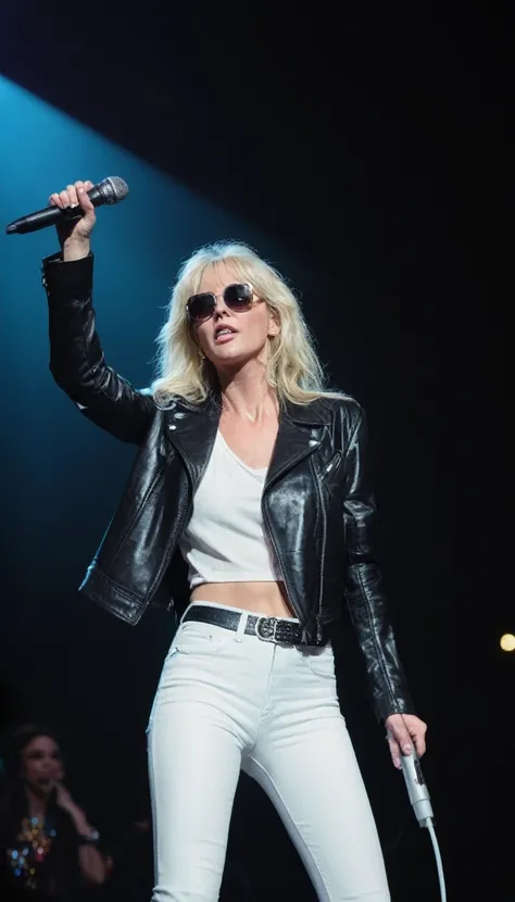 clearing, here is a detailed and realistic 4K prompt to describe the scene of Kim Carnes singing in the 80s:

--- A 4K image captures Kim Carnes in the 80s, at the height of his career, singing with passion on a lit stage. She holds a wired microphone tigh...