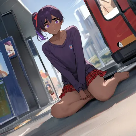 work of art, best qualityer, extremely detaild,dutch angle, アニメ,Large school sweater、plaid plaid skirt,skin tanned,15year old ,dark skin tiny body,smallbreast,baby face,hand between legs,break,multicolored dark purple hair,side ponytail,short hair with lon...