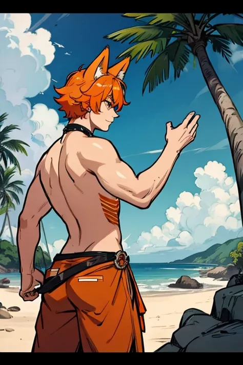 An orange haired fox man with orange eyes and orange fox ears and an orange fox tail in a pirates outfit is watching the waves on a cliff of a tropical island