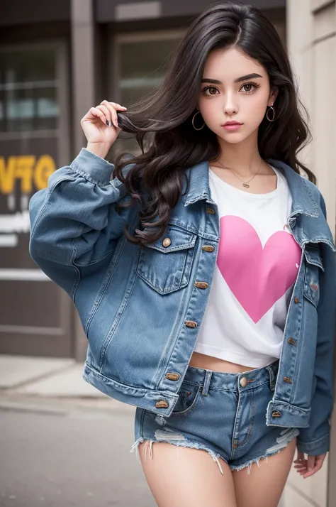 A young woman with dark wavy hair, bushy eyebrows, bright brown eyes and a heart-shaped mouth. She is dressed in baggy clothes typical of the 80s, like an oversized denim jacket with shoulder pads, baggy pants and colorful sneakers.