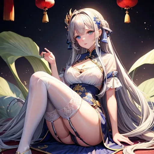 masterpiece, Highest quality, One girl, Famous (Maiden lily brilliance) (Azur Lane), Gray Hair, Very long hair, blue eyes, hair ornaments, chest, chestの谷間, China dress, Chinese clothing, Official Alternative Costumes, White knee socks, Garter Straps, Short...